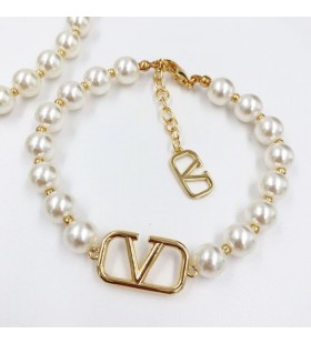 Valentino, VLogo-Signatur-Armband In Perlen-Kette Mit Gold Metall
