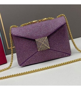 Valentino Μικρό Στήριγμα Crossbody Τσάντα Με την Αλυσίδα και λαμπερά Κρύσταλλα Σε Μωβ Σουέτ